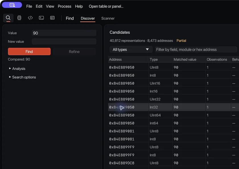 Discover in Offset 0.1.4 listing candidate addresses.